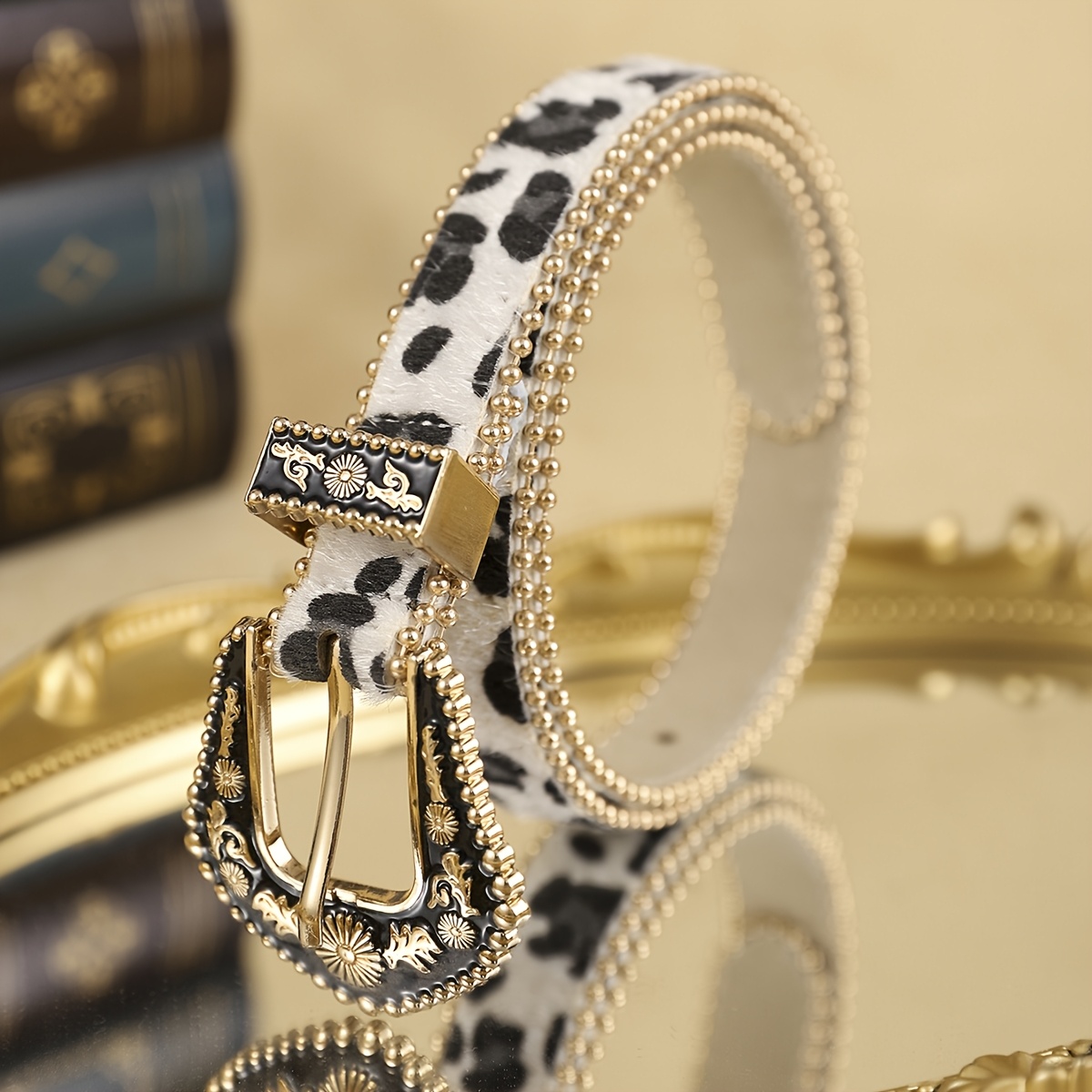 Boho Style Women's Cow Print Beaded Belt Faux Leather Accessory